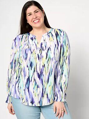 Belle by Kim Gravel Blouse Flame Game Split Neck Lilac Blue sz S A639639